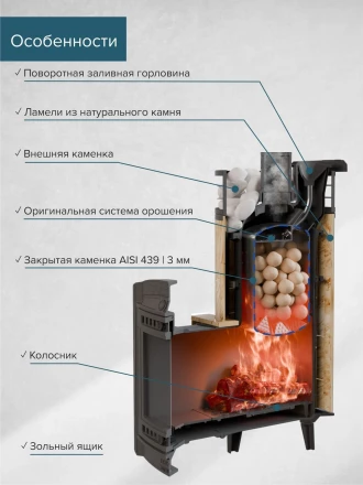 Печь для бани Атмосфера XL в ламелях Окаменевшее дерево+сетка с тоннелем 