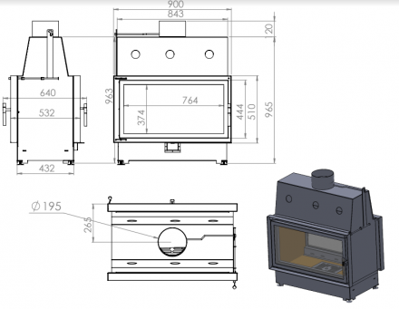 Каминная топка ECT Double 90x51/C 15 кВт, 900/510 (туннель, футеровка чугун)